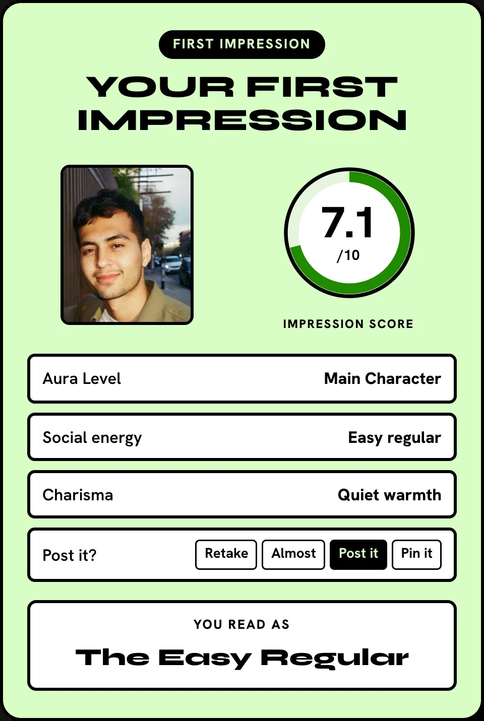 A first impression card scoring 7.1, read as The Easy Regular